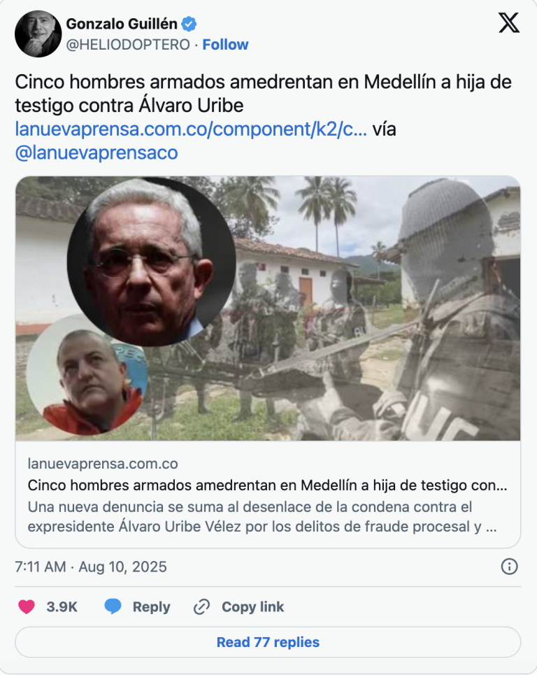 Cinco hombres armados amedrentan en Medellín a hija de testigo contra Álvaro Uribe
