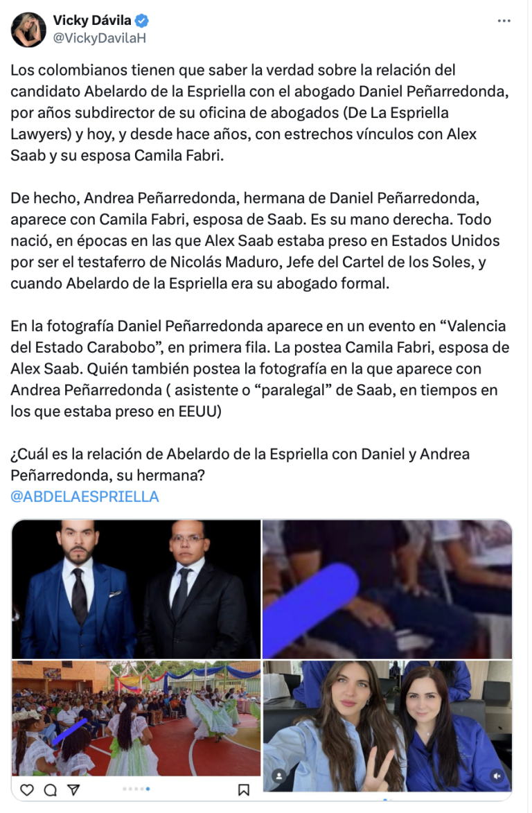 Vicky Dávila denuncia nexos entre Abelardo de la Espriella y el entorno de Alex Saab